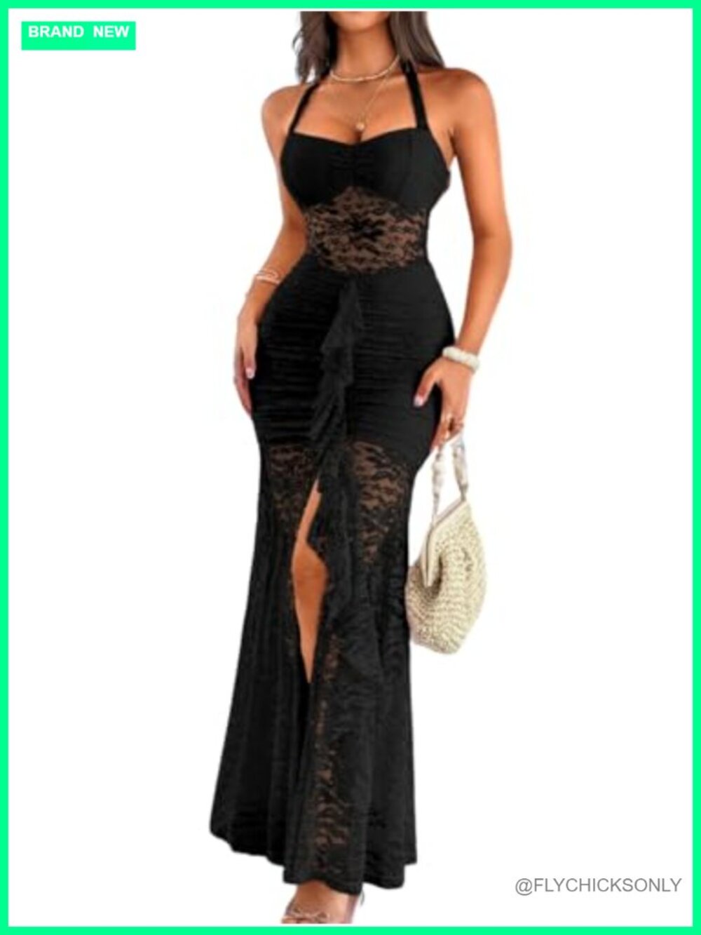 Sexy Lace Bodycon Maxi Dress Halter High Slit Backless Prom Vacation